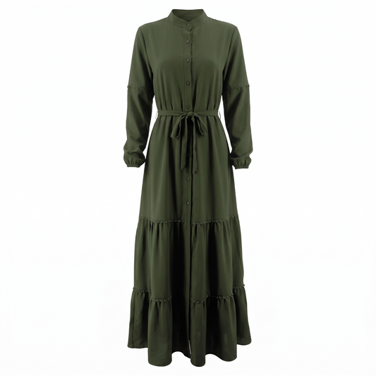 Belted kaftan abaya in deep green front view
