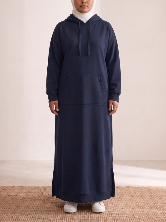 Hooded Jogging Maxi Dress – Navy, on model
