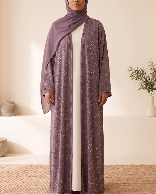 Munira Embellished Two-Piece Open Abaya Set – Purple, on model