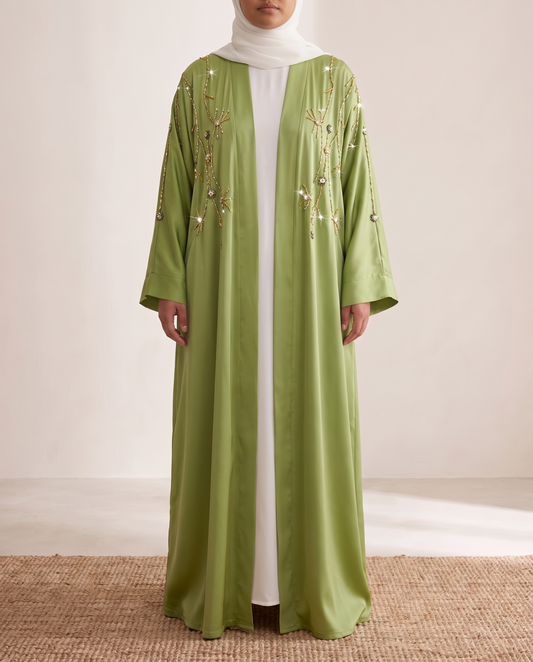 Nasrin Embroidered Evening Kaftan – Apple Green, on model