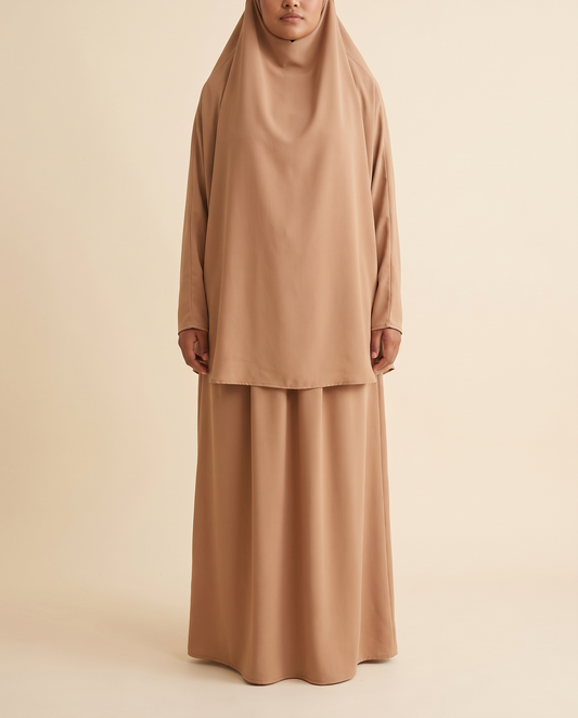 Two-piece khimar and skirt prayer set in Camel, front