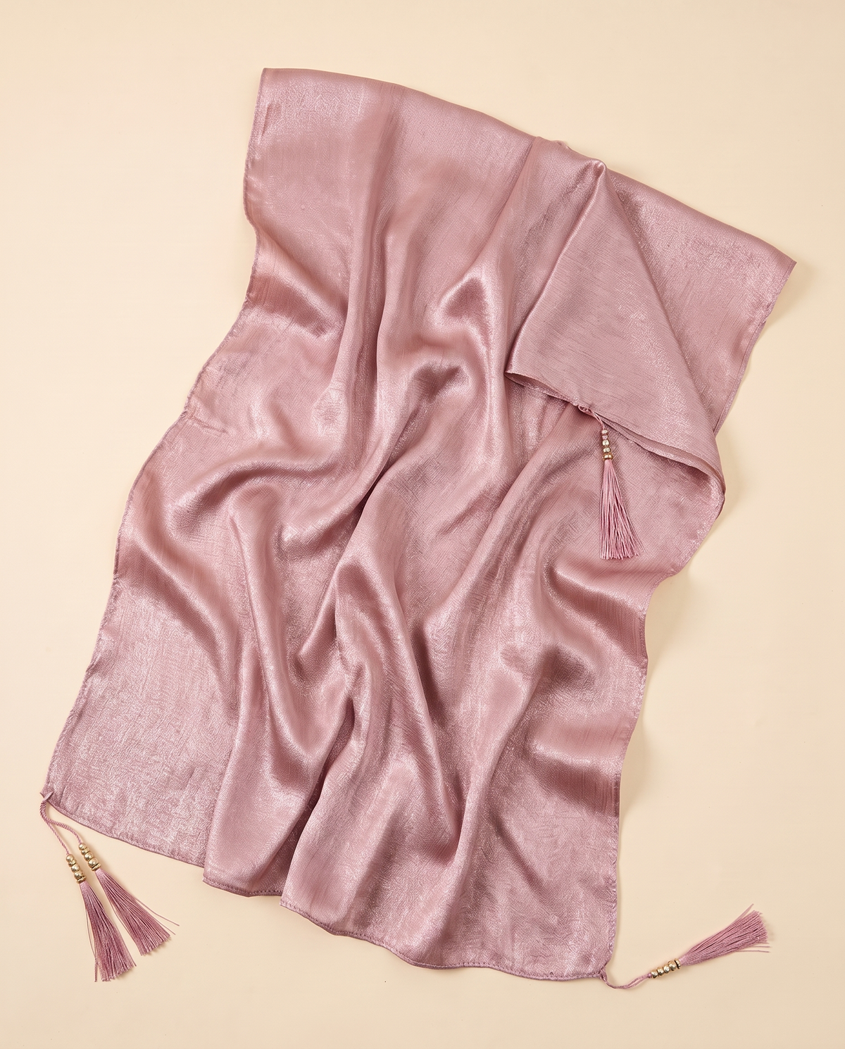 Yara tasseled shimmer shawl in Dusty Pink, flat