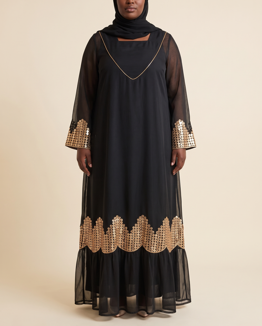 Embroidered Sequin Mesh Kaftan in Black, front