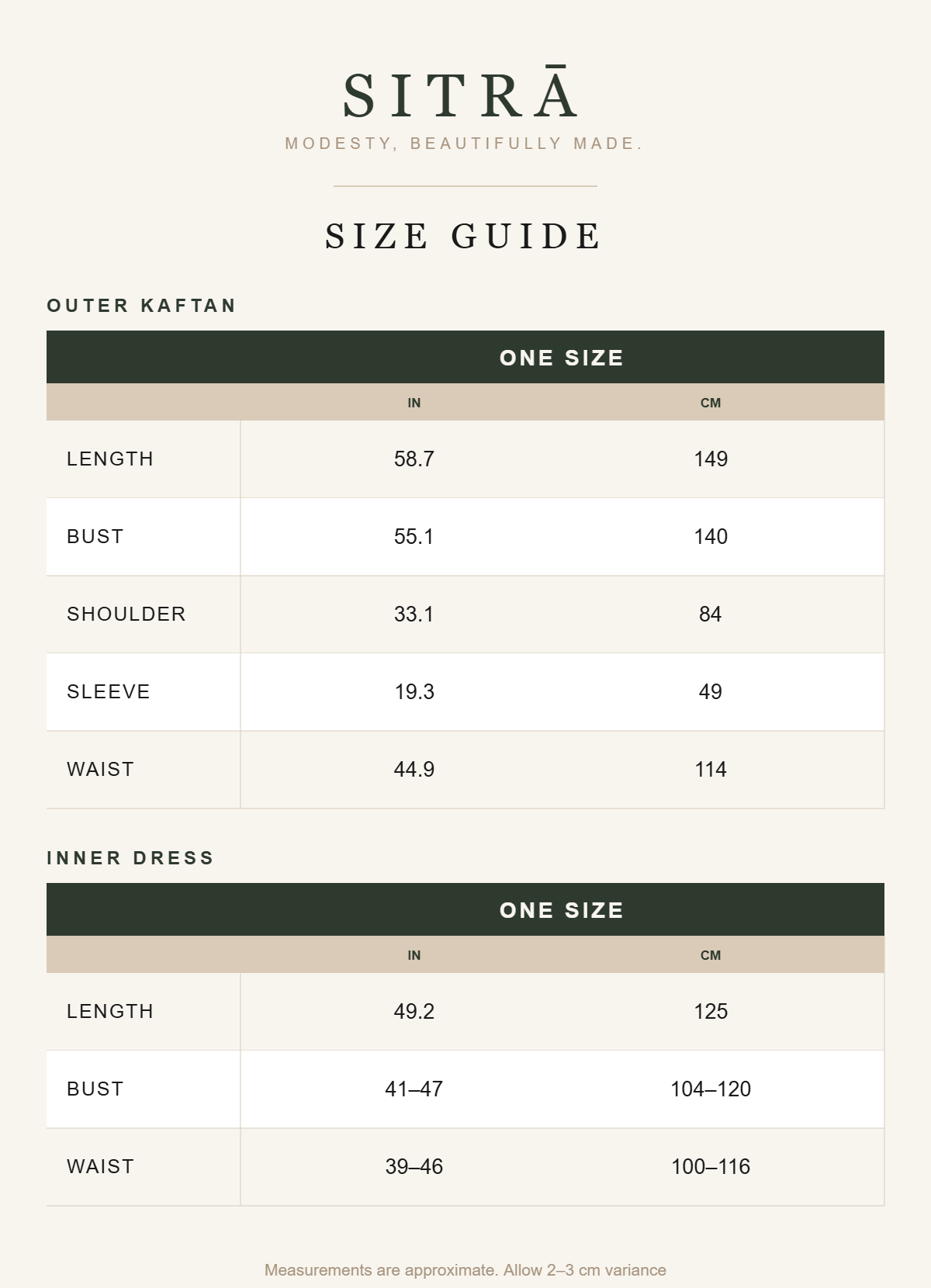 SITRĀ size guide