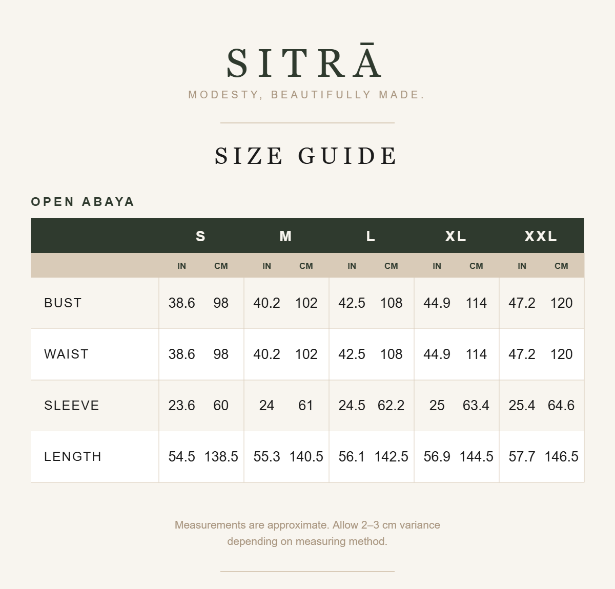SITRĀ Ayla Lantern-Sleeve Open Abaya — size guide