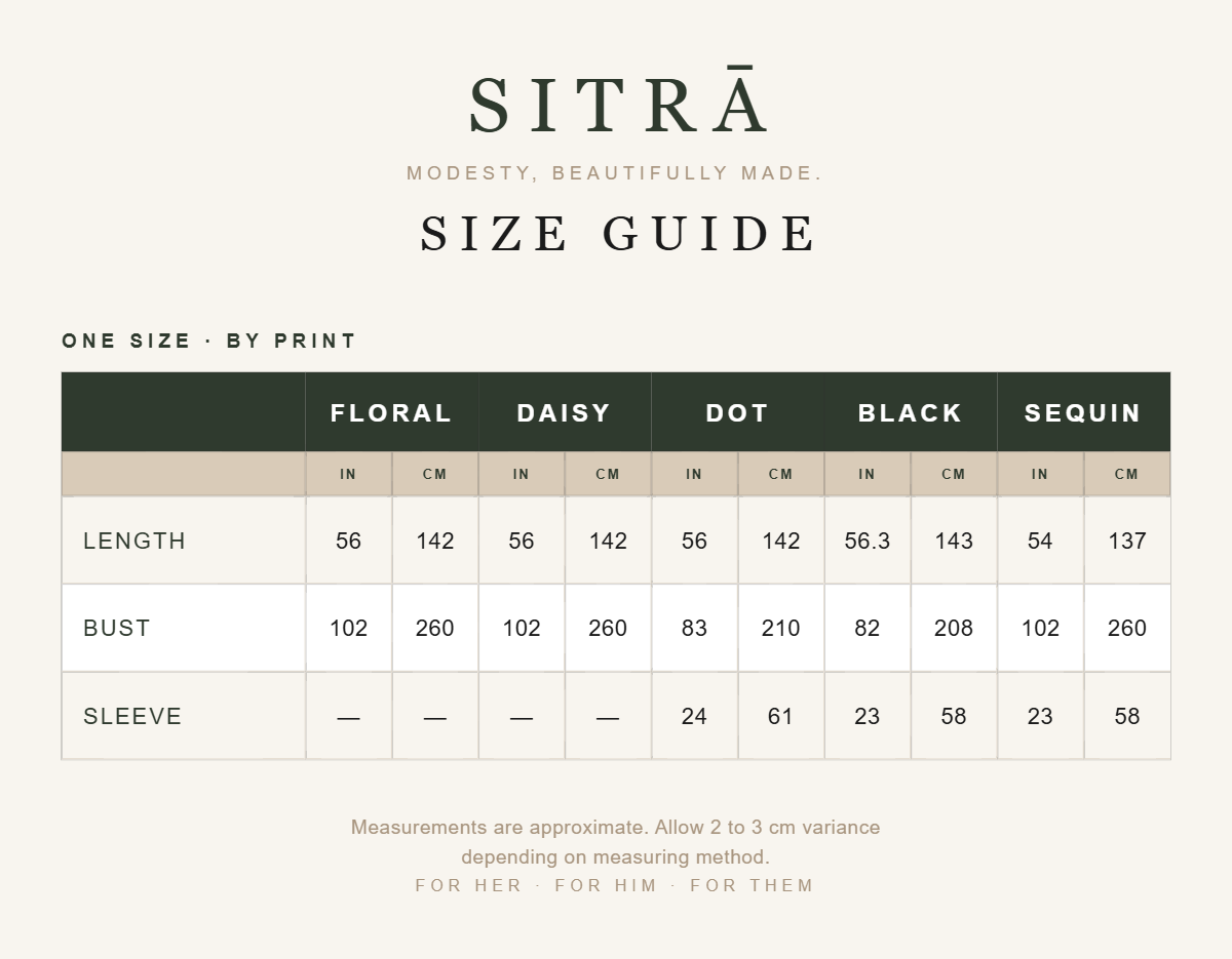SITRĀ Batwing Sleeve Printed Maxi Abaya — size guide