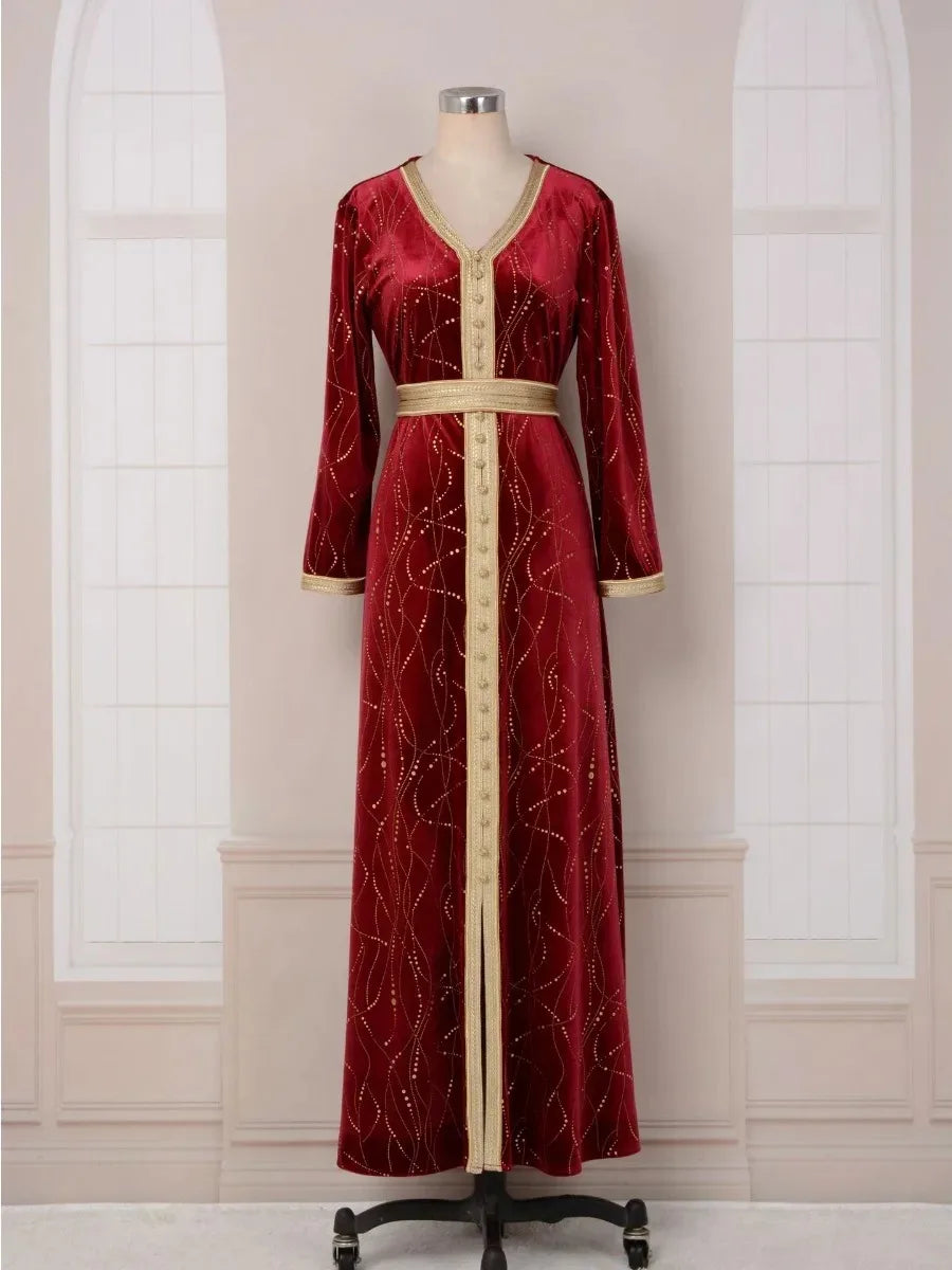 Wine Velvet Open Abaya with Embroidery — view 3 of 24