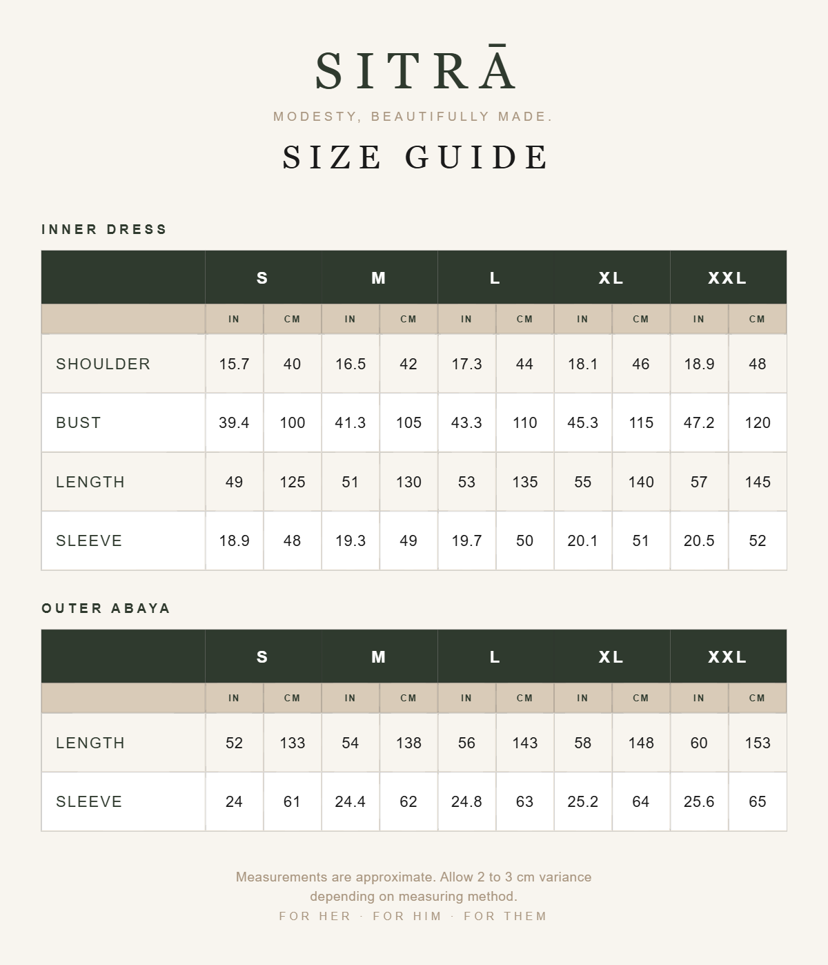 SITRA size guide - Zubaida Beaded Kaftan Set