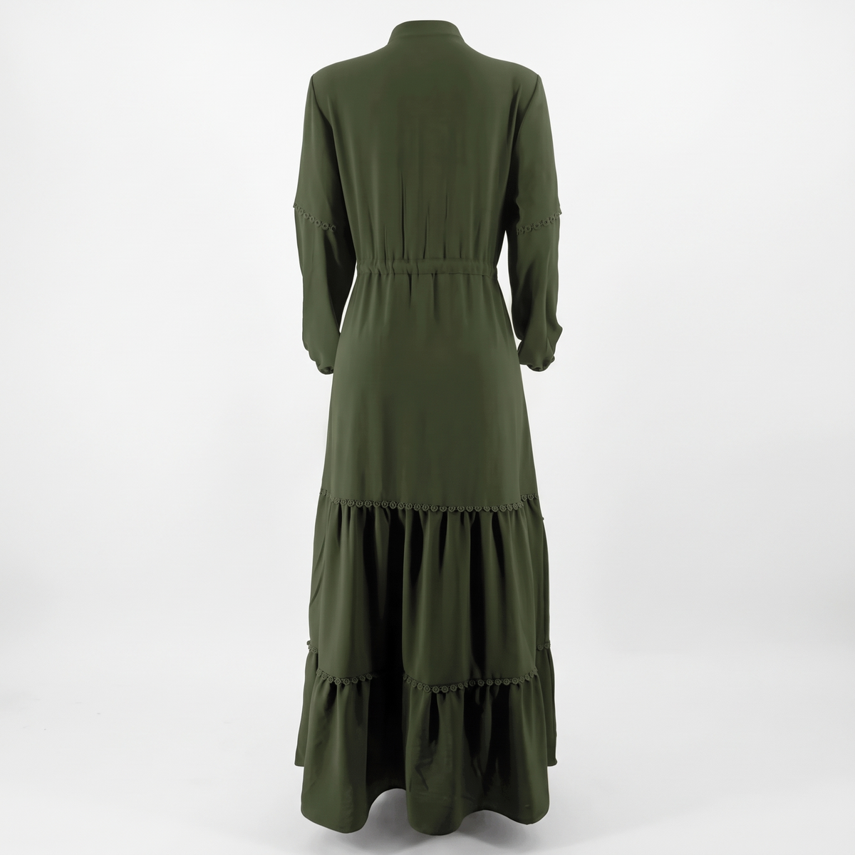 Belted kaftan abaya in deep green back view