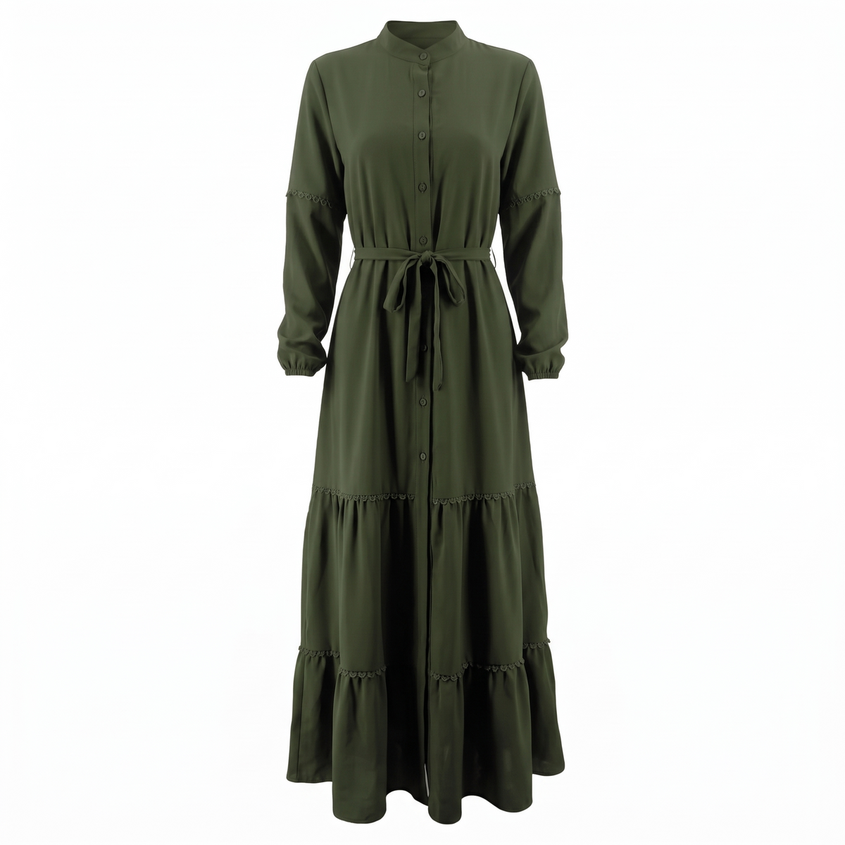 Belted kaftan abaya in deep green front view