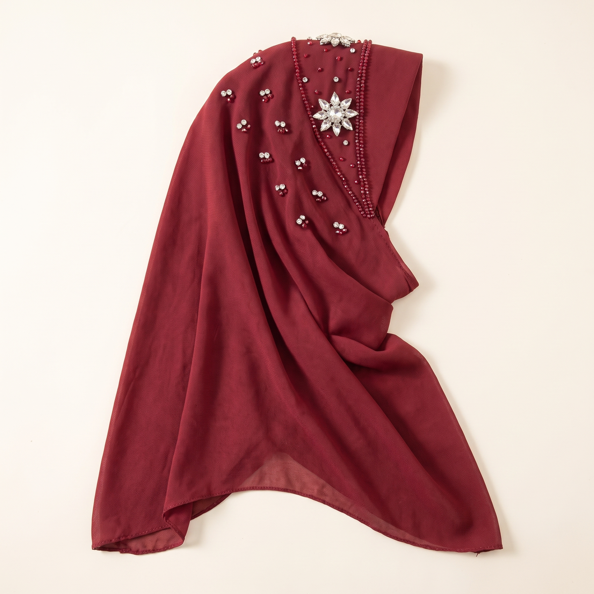 Kamila beaded rhinestone instant hijab in burgundy