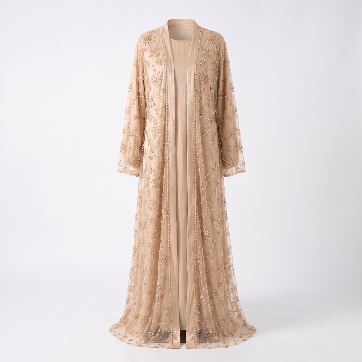 Samira beaded two-piece open abaya set in champagne