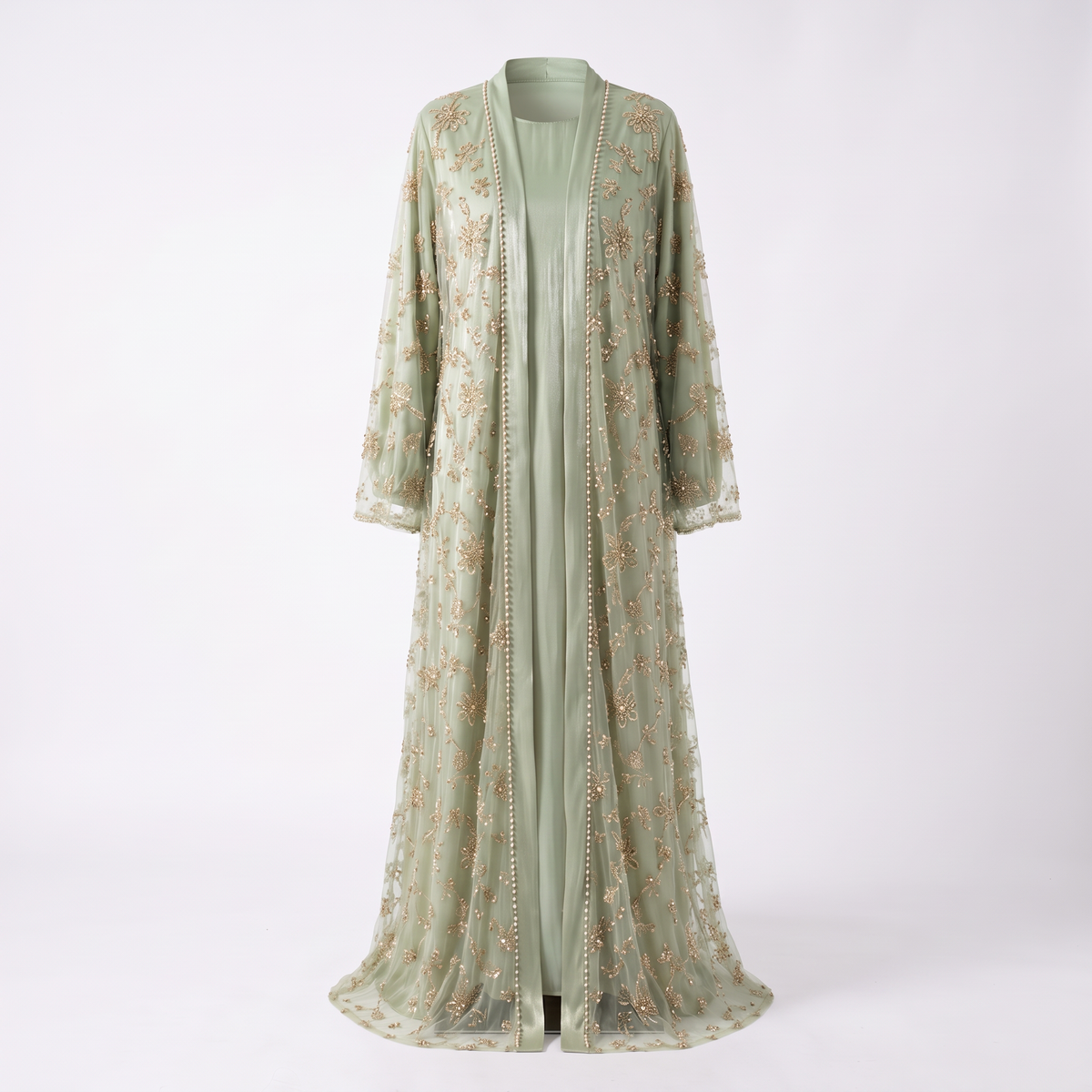 Samira beaded two-piece open abaya set in sage