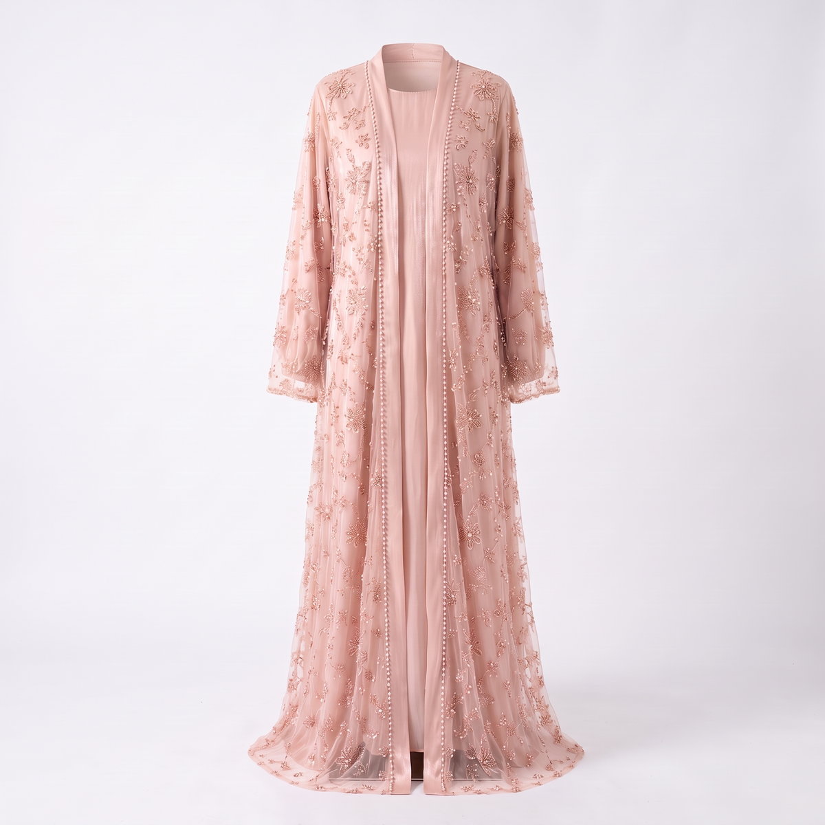 Samira beaded two-piece open abaya set in blush pink