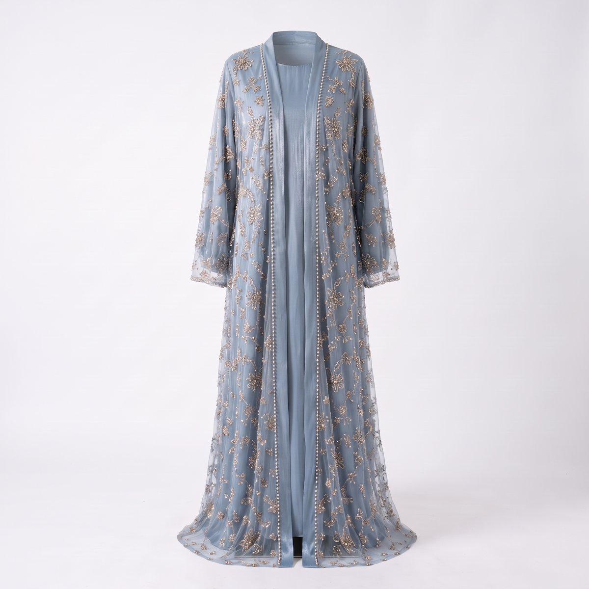 Samira beaded two-piece open abaya set in dusty blue