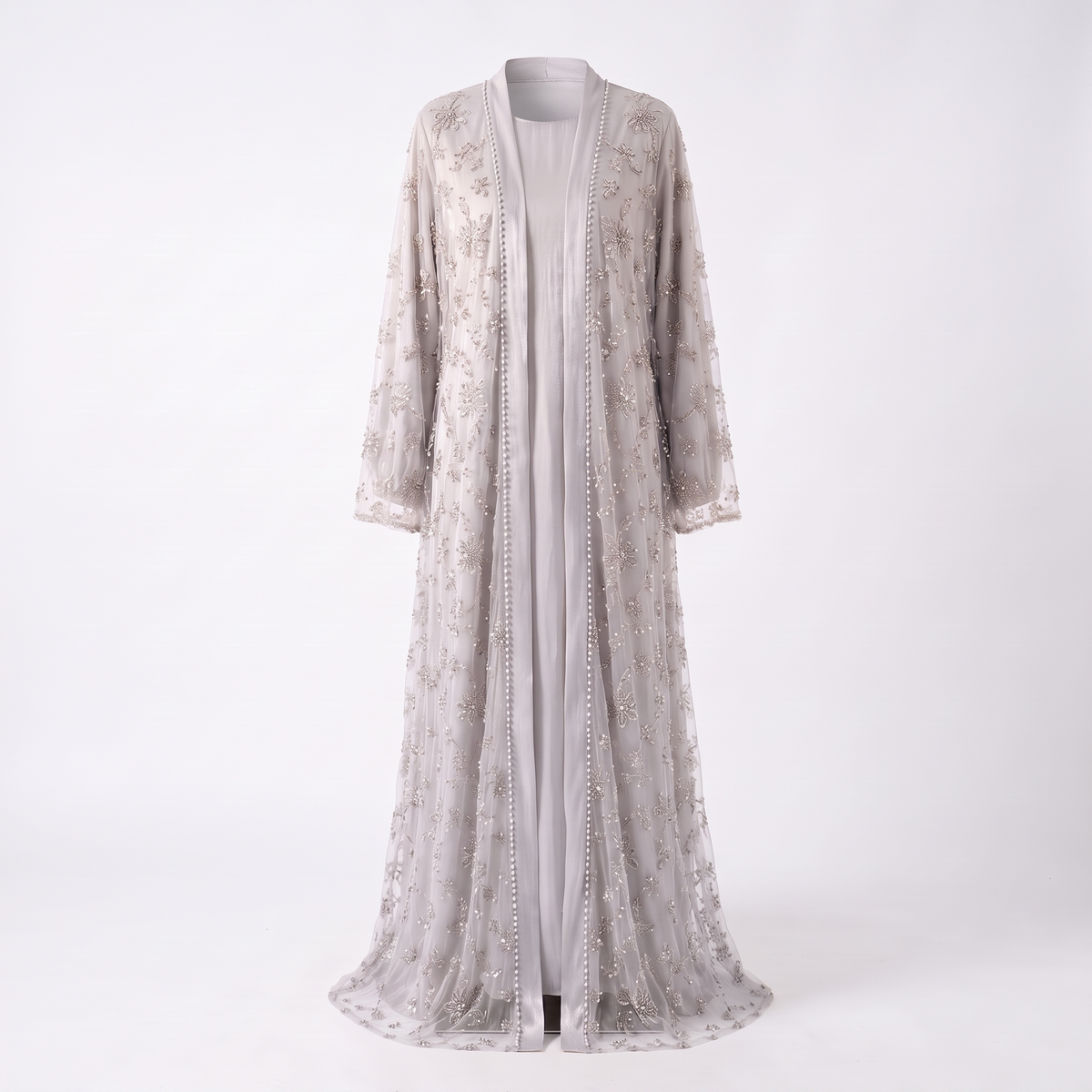Samira beaded two-piece open abaya set in light grey