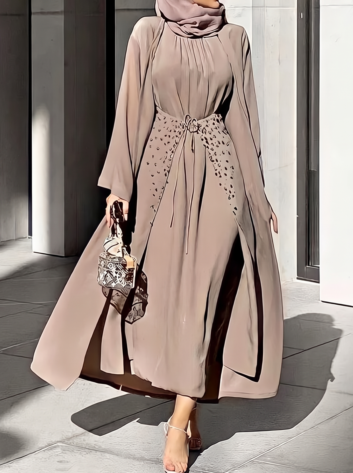 Zubaida beaded kaftan set in coffee - front
