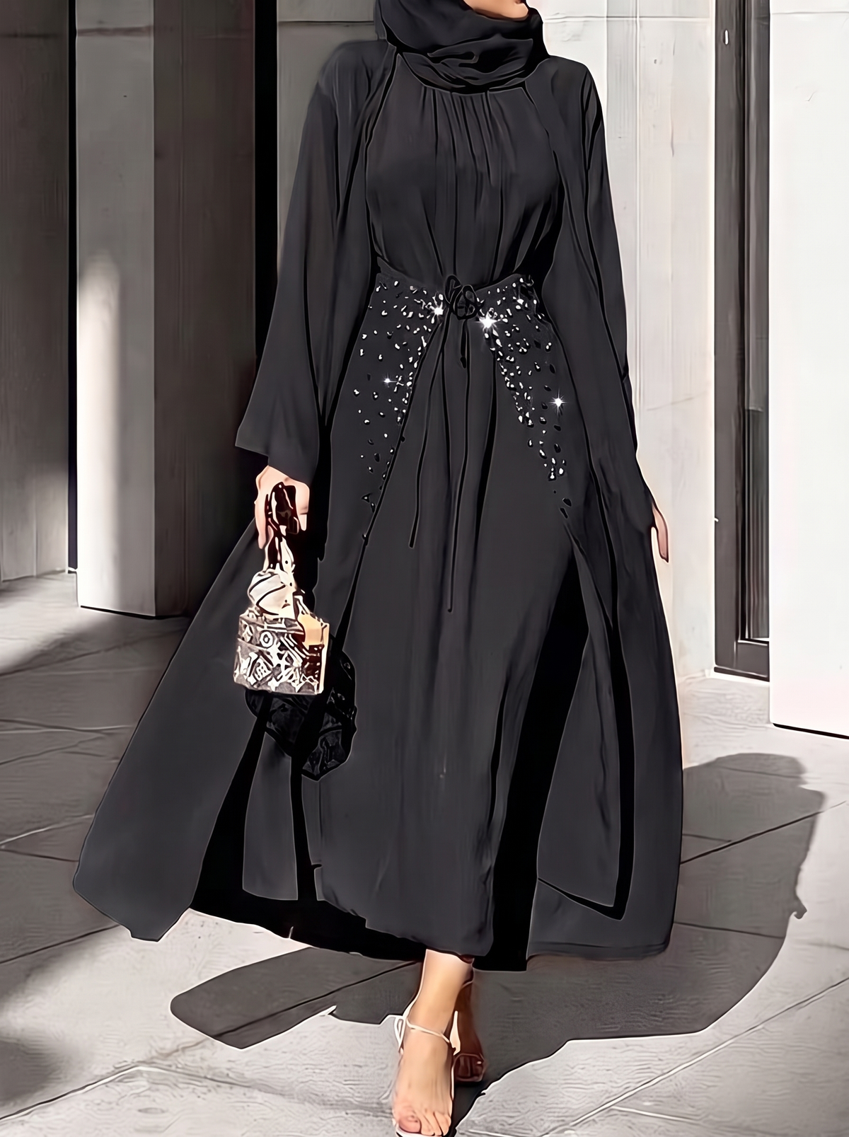 Zubaida beaded kaftan set in black - front