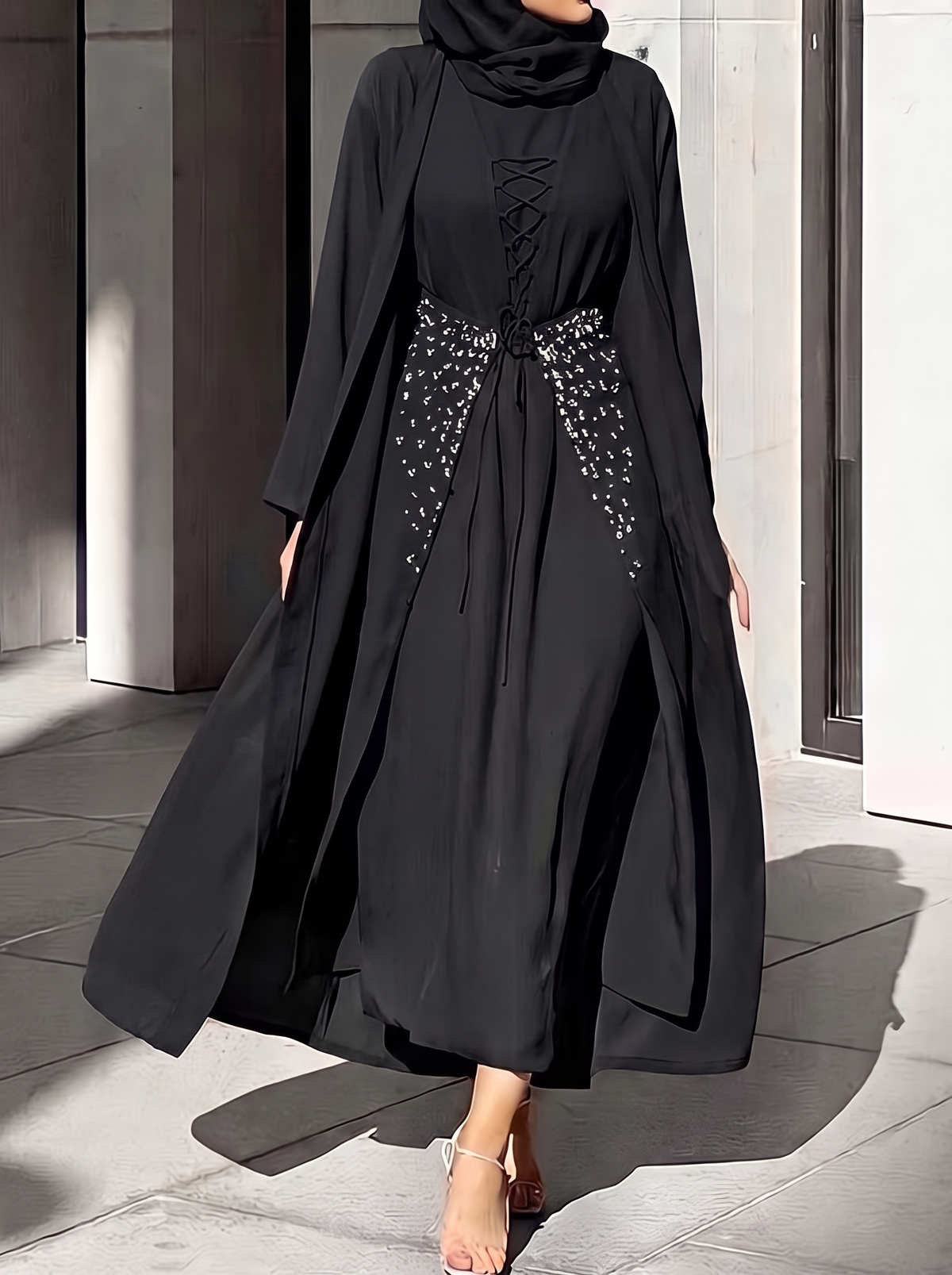 Zubaida beaded kaftan set in black - side