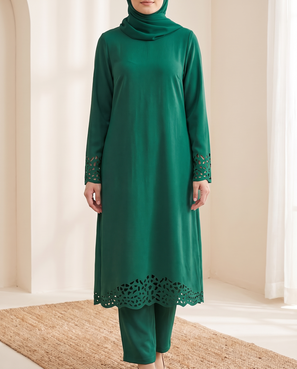 Hollow-out two-piece set in emerald green
