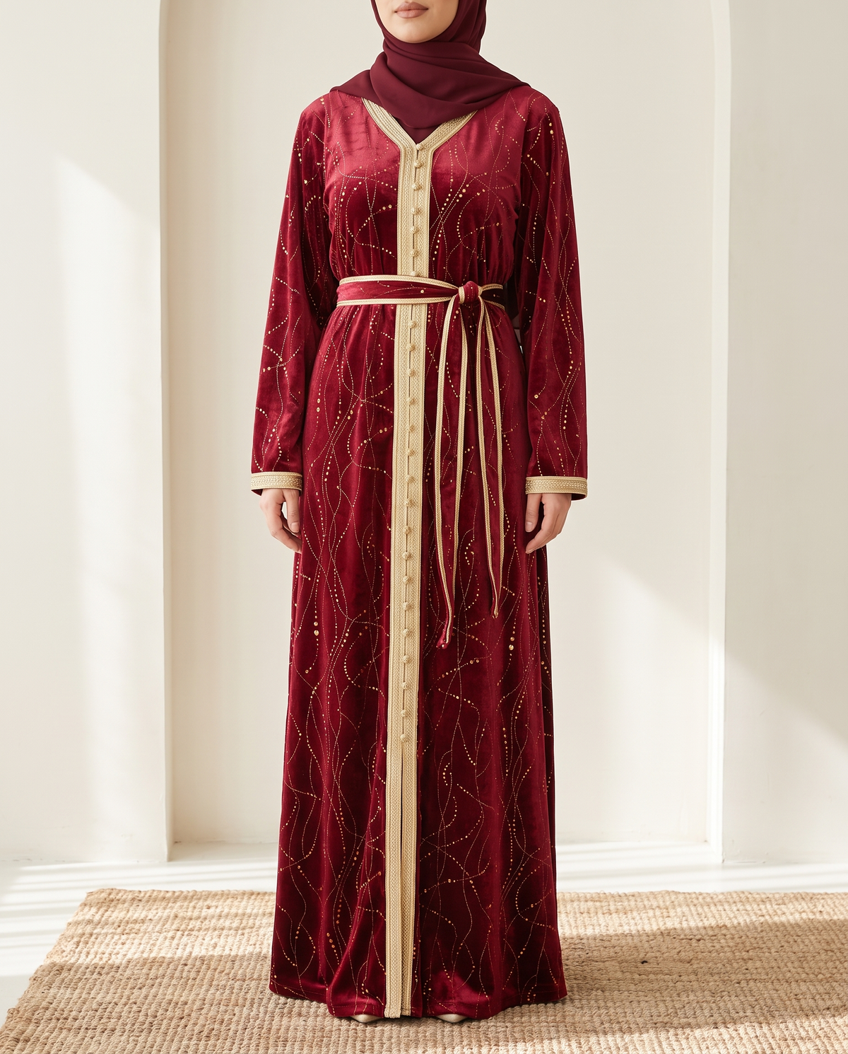 Wine velvet open abaya with gold braid trim, on model