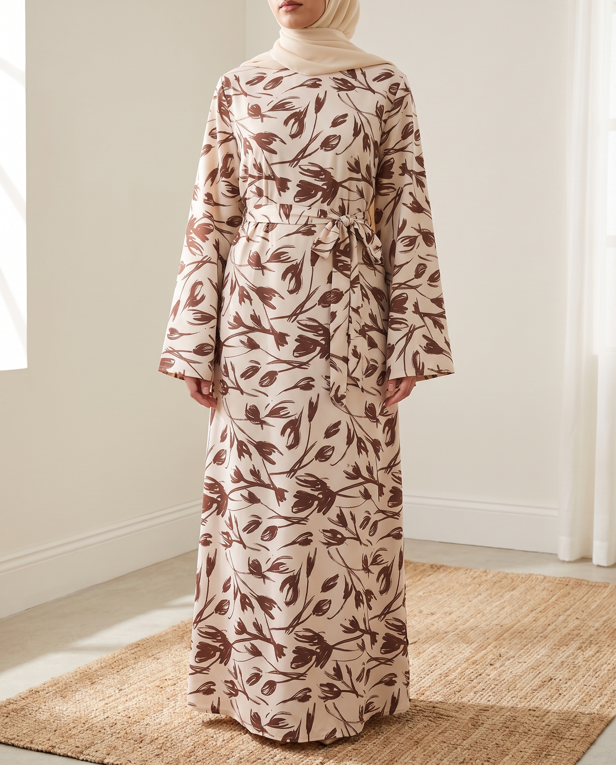 Print abaya dress in brown floral print