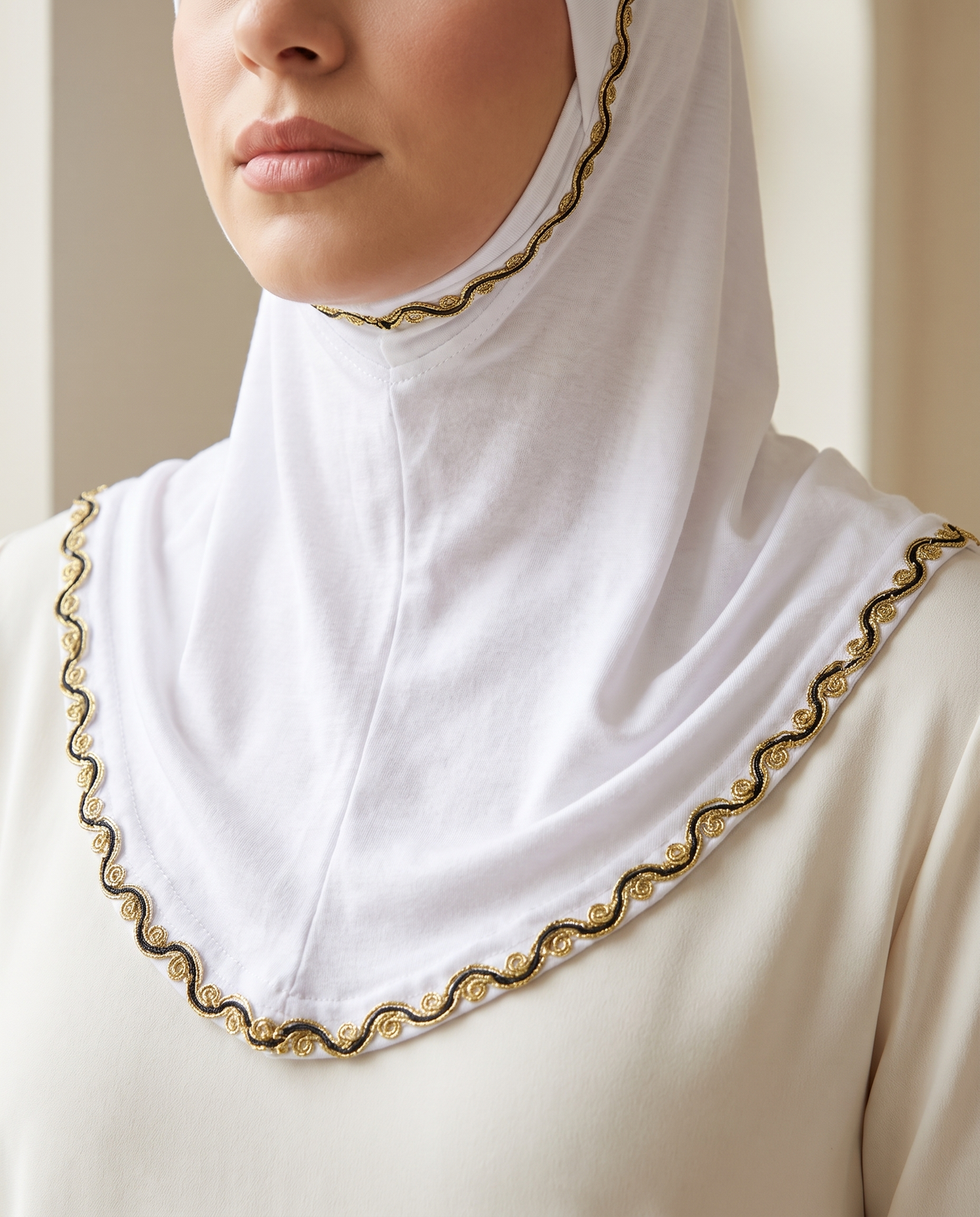 Jersey slip-on instant hijab cap in white, on model