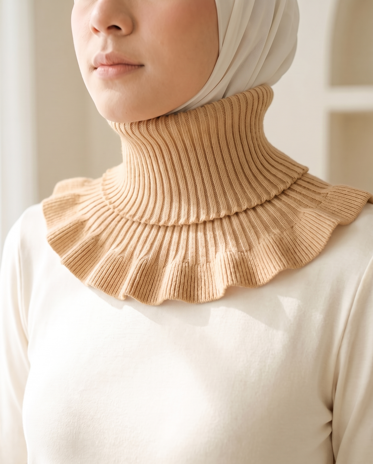 SITRĀ Knitted Ruffle Collar — Camel