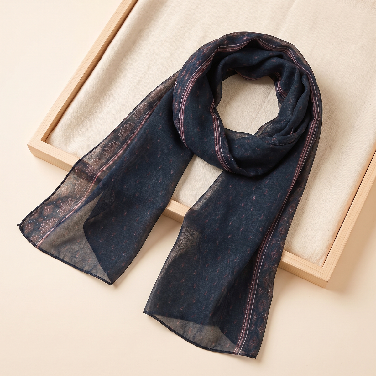 SITRĀ Double-Sided Ink Print Hijab — Navy Paisley Border