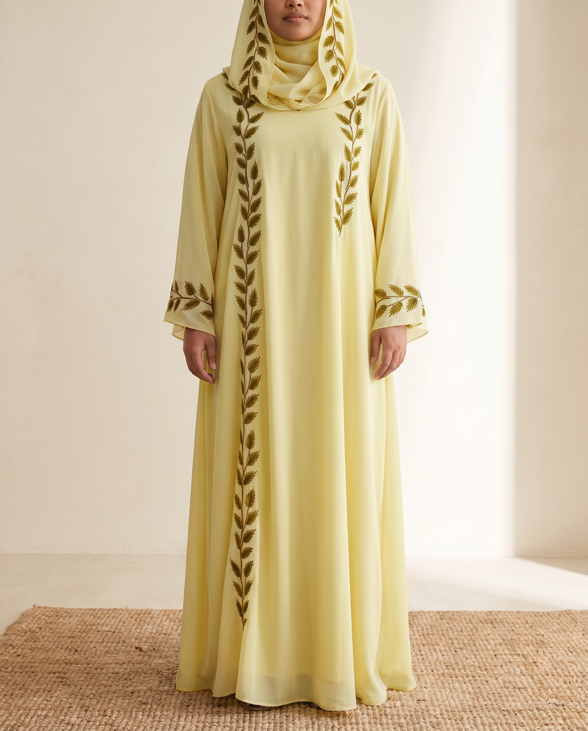 SITRĀ Amira Embroidered Abaya — Yellow (model Leila)