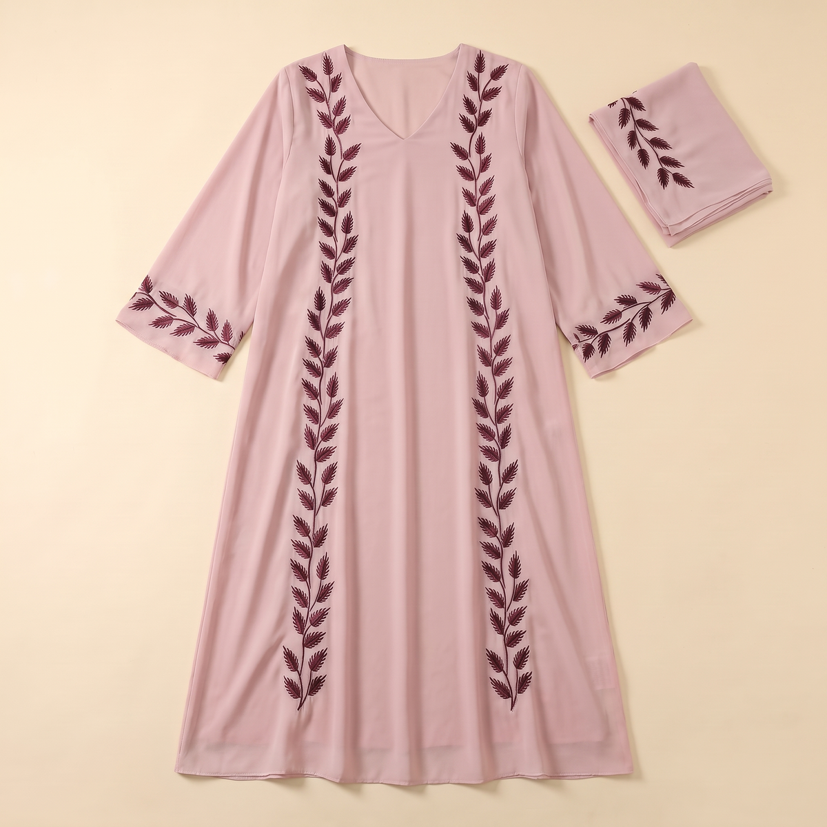 SITRĀ Amira Embroidered Abaya — Pink flat lay