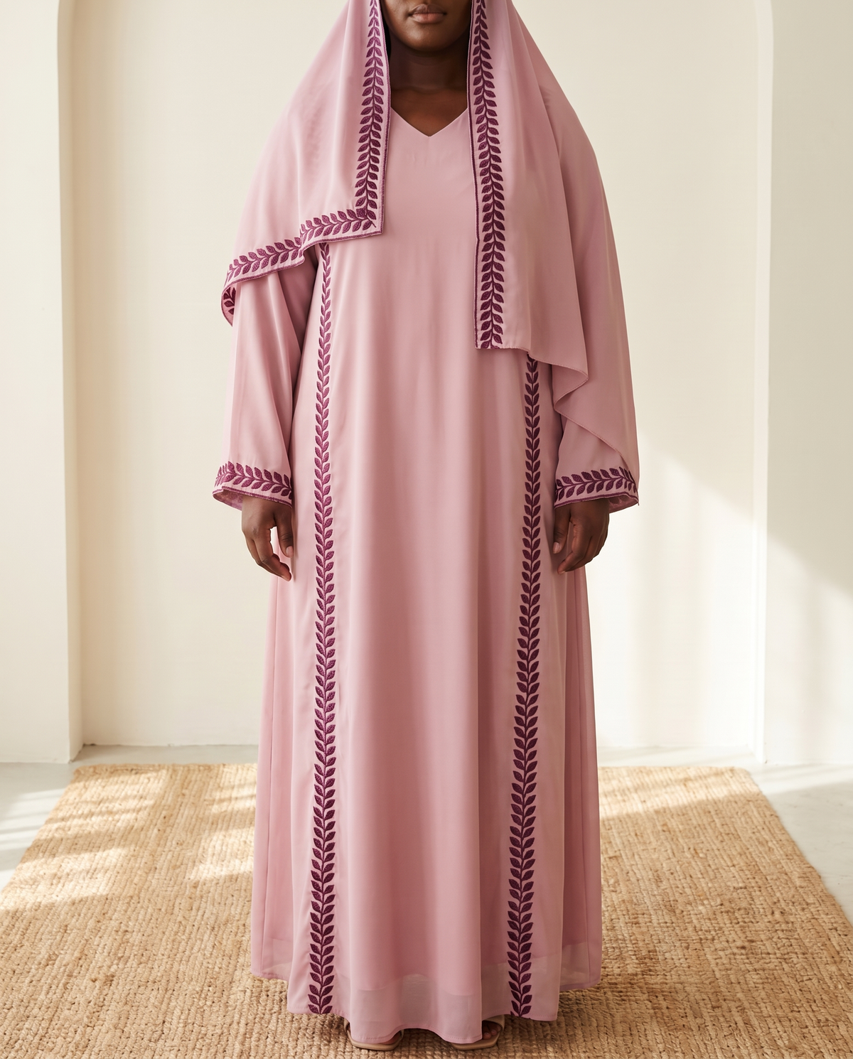 SITRĀ Amira Embroidered Abaya — Pink (model Zuri)