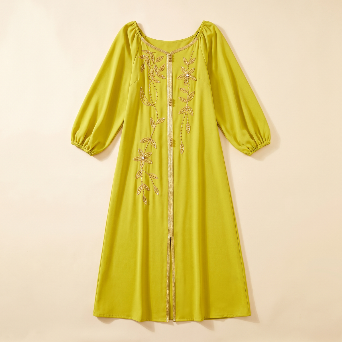 SITRĀ Ayla Lantern-Sleeve Open Abaya — Yellow flat lay