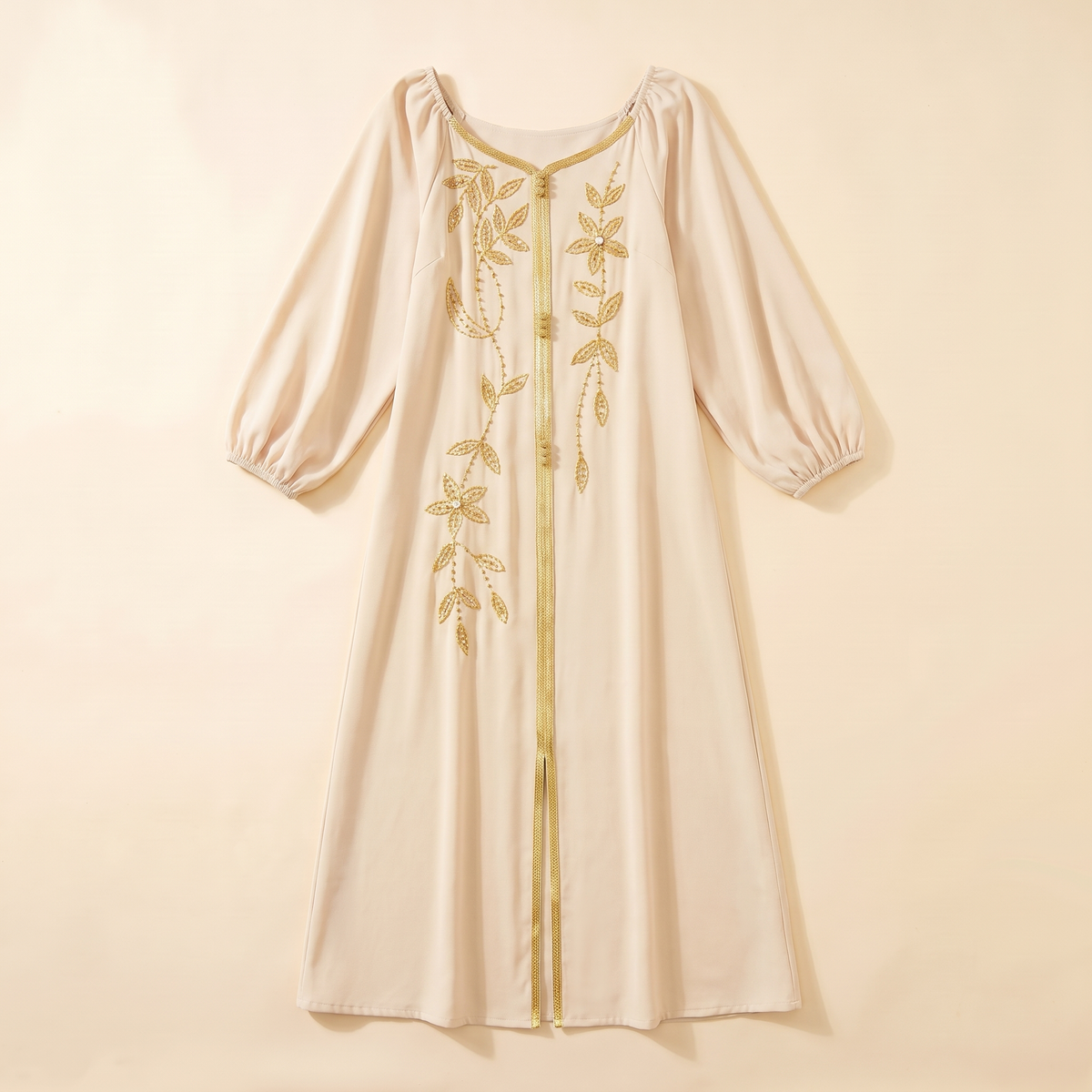 SITRĀ Ayla Lantern-Sleeve Open Abaya — Apricot flat lay