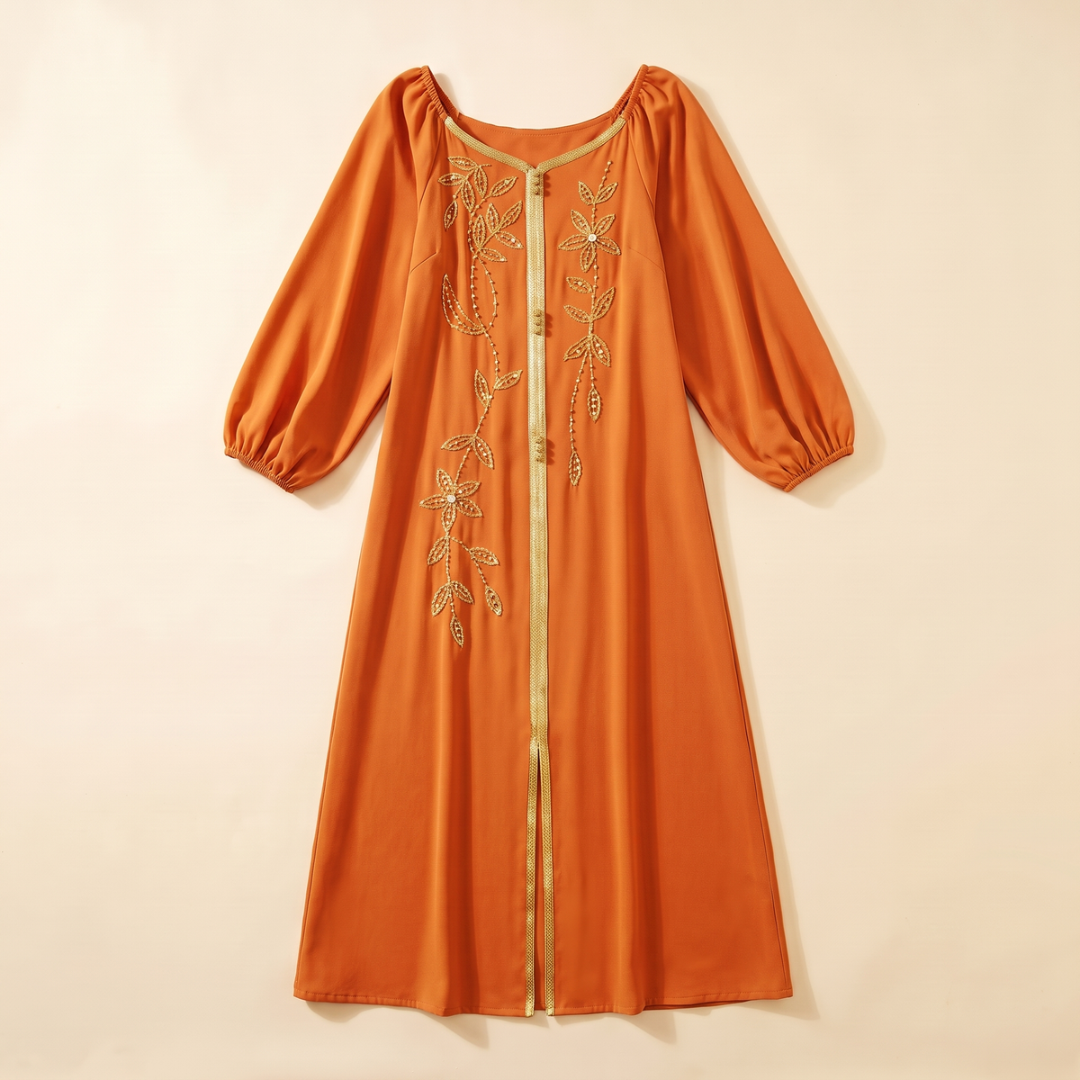 SITRĀ Ayla Lantern-Sleeve Open Abaya — Orange flat lay