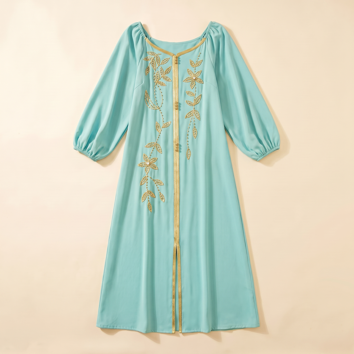 SITRĀ Ayla Lantern-Sleeve Open Abaya — Light Blue flat lay