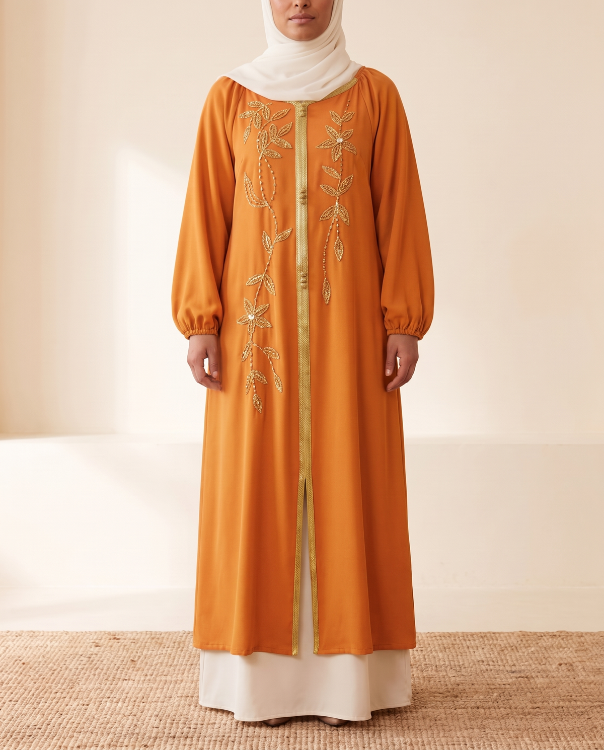 SITRĀ Ayla Lantern-Sleeve Open Abaya — Orange (model Amina)