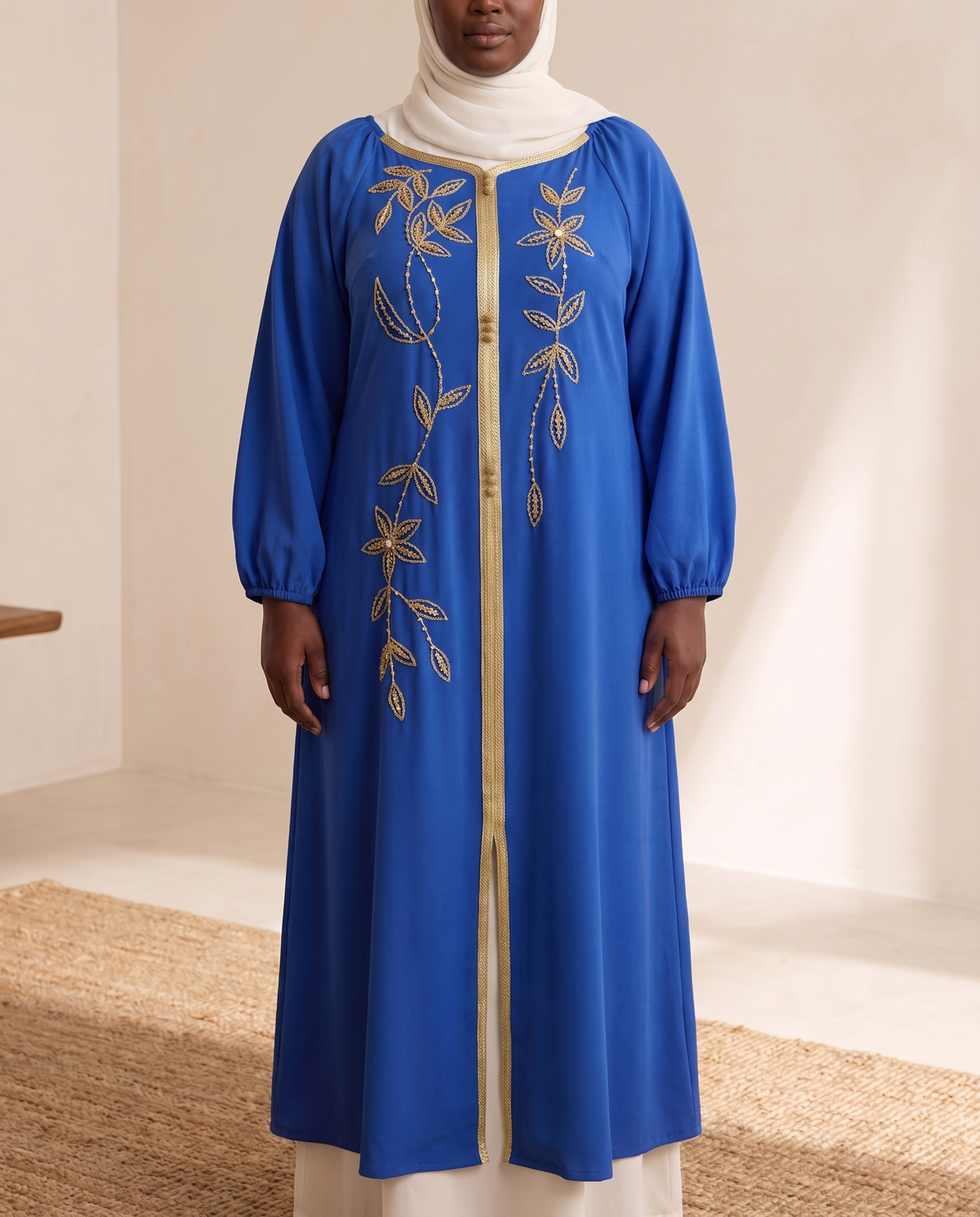 SITRĀ Ayla Lantern-Sleeve Open Abaya — Royal Blue (model Zuri)