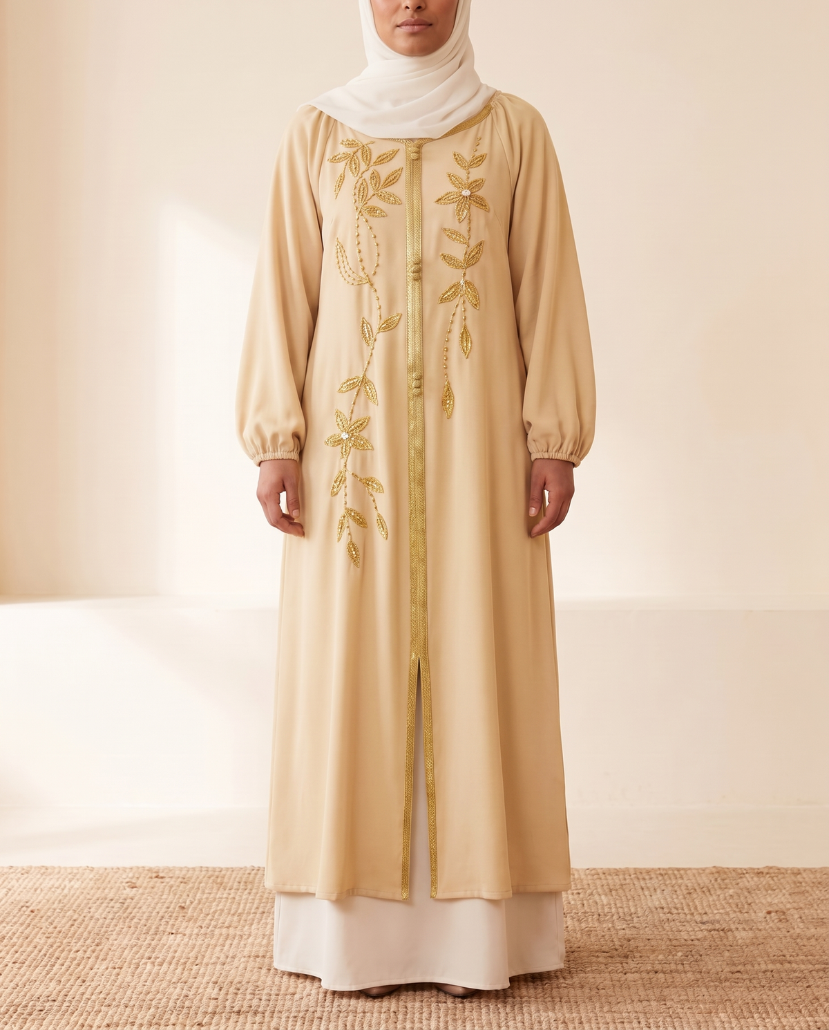 SITRĀ Ayla Lantern-Sleeve Open Abaya — Apricot (model Amina)