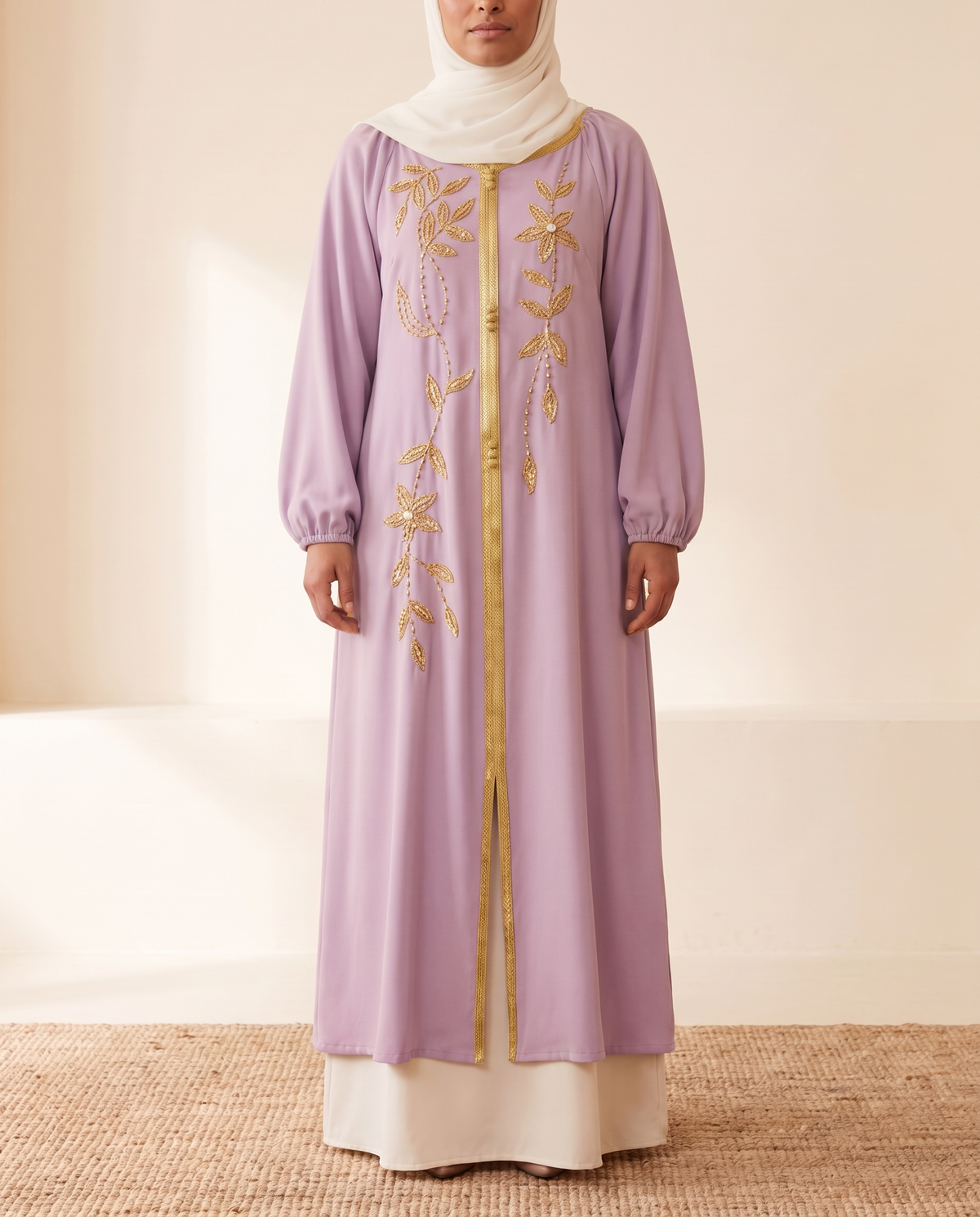 SITRĀ Ayla Lantern-Sleeve Open Abaya — Lilac (model Amina)