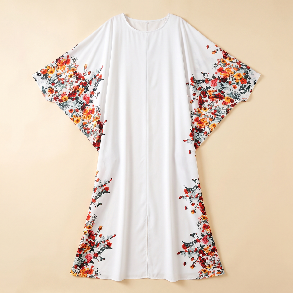 SITRĀ Batwing Sleeve Printed Maxi Abaya — White Floral Border flat lay