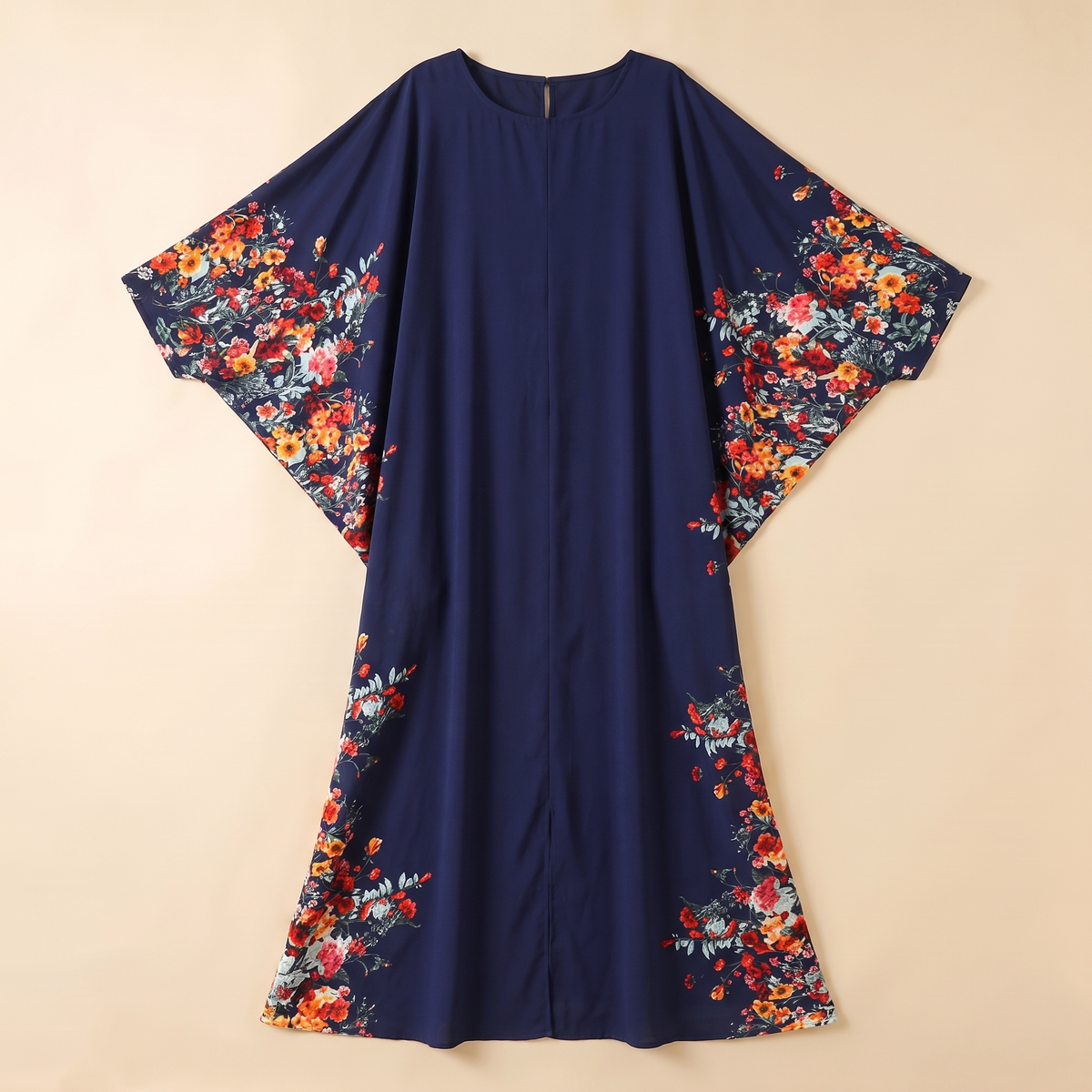 SITRĀ Batwing Sleeve Printed Maxi Abaya — Navy Floral Border flat lay