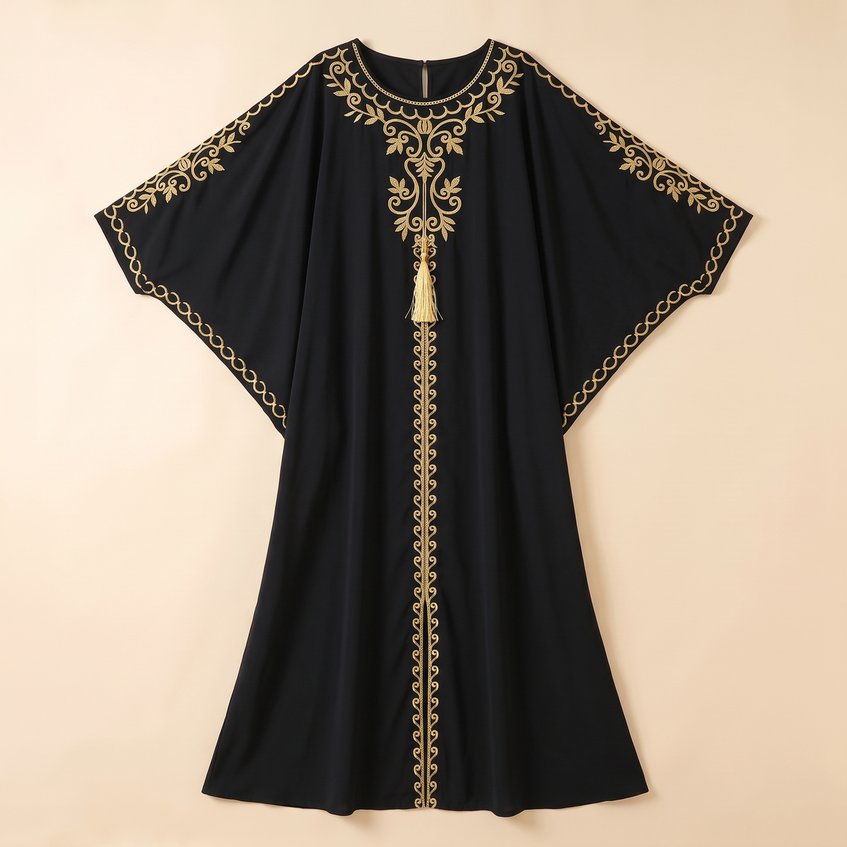 SITRĀ Batwing Sleeve Printed Maxi Abaya — Black Gold Embroidered flat lay