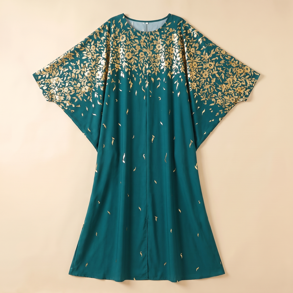 SITRĀ Batwing Sleeve Printed Maxi Abaya — Teal Gold Sparkle flat lay