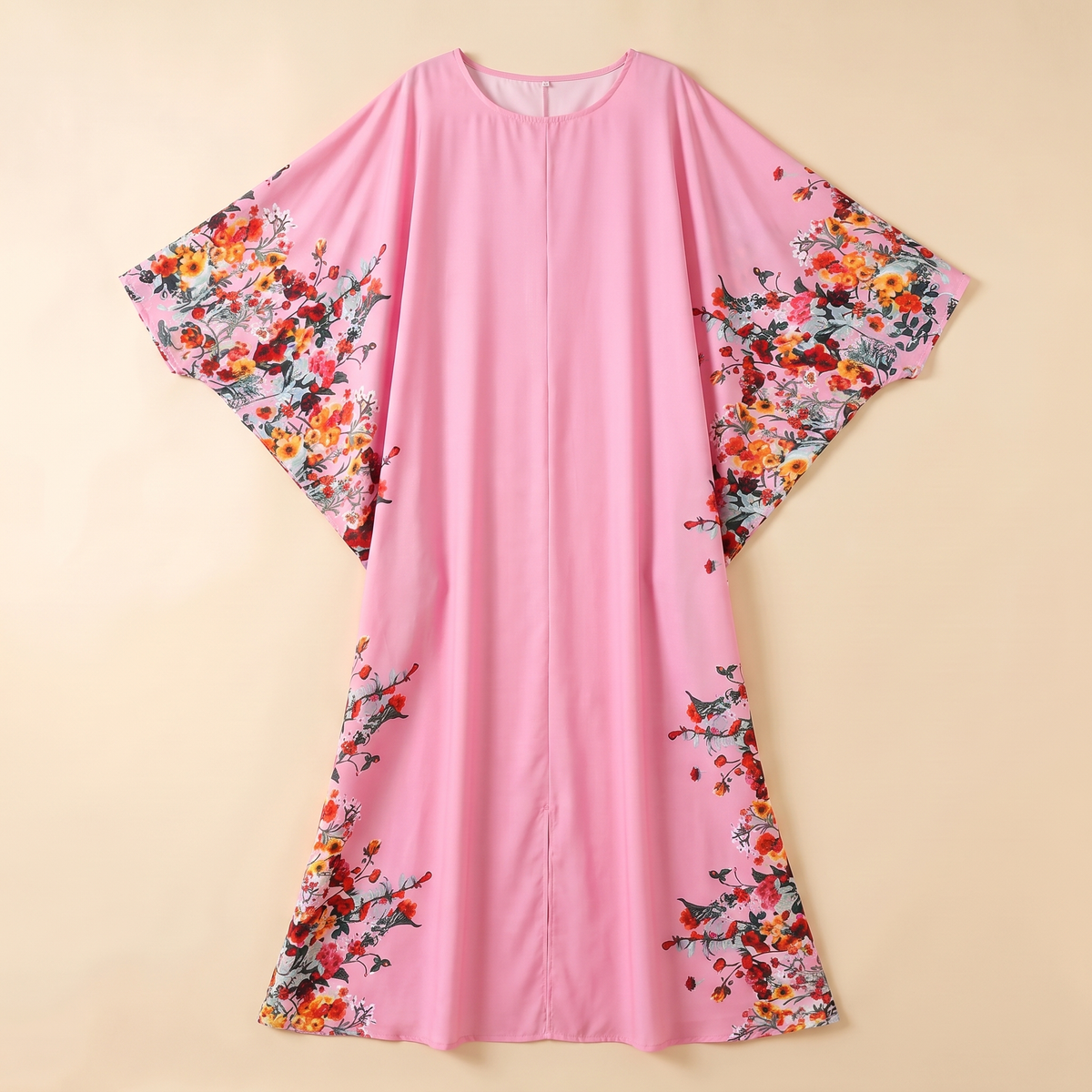 SITRĀ Batwing Sleeve Printed Maxi Abaya — Pink Floral Border flat lay