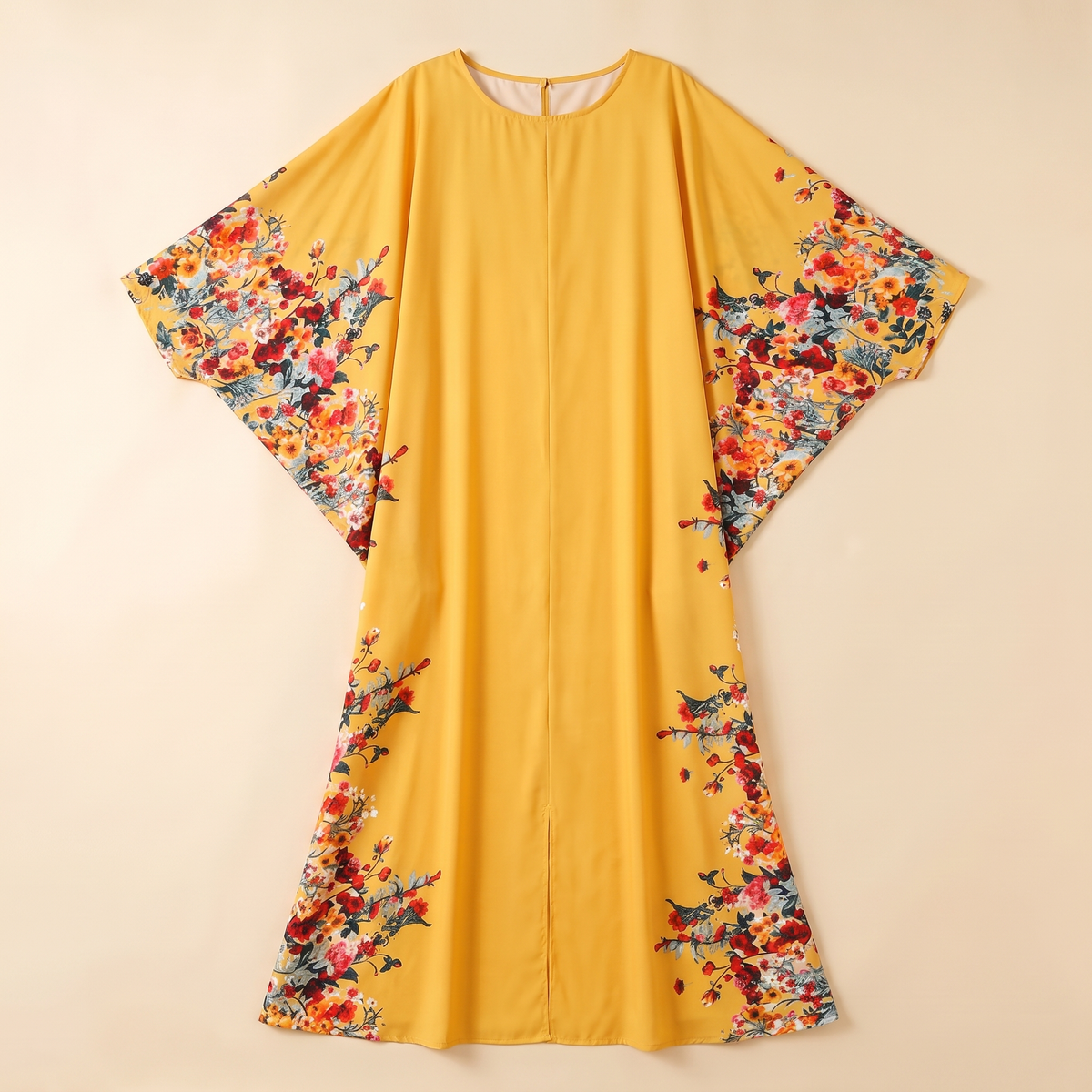 SITRĀ Batwing Sleeve Printed Maxi Abaya — Mustard Floral Border flat lay