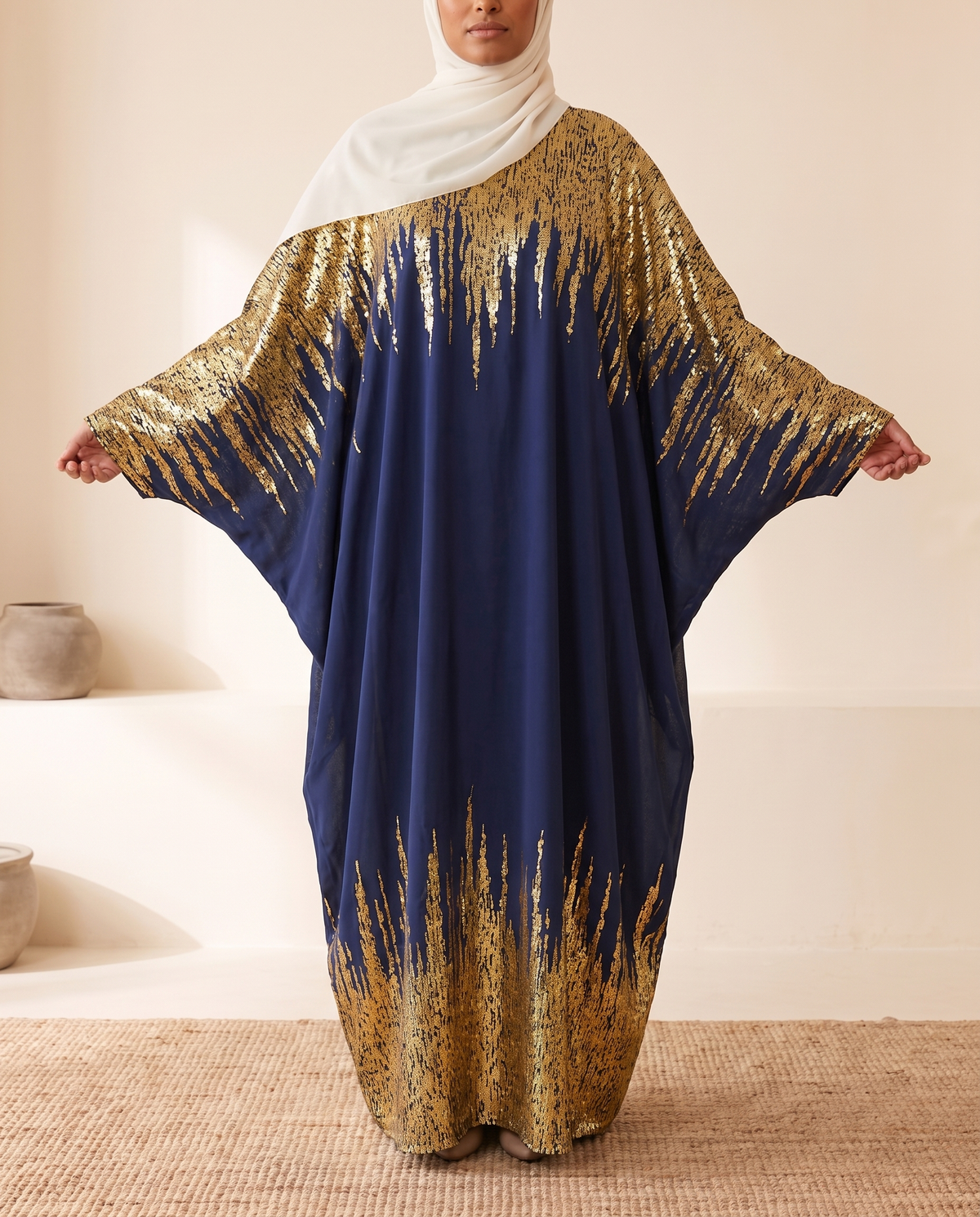 SITRĀ Batwing Sleeve Printed Maxi Abaya — Navy Gold Sequin (model Amina)