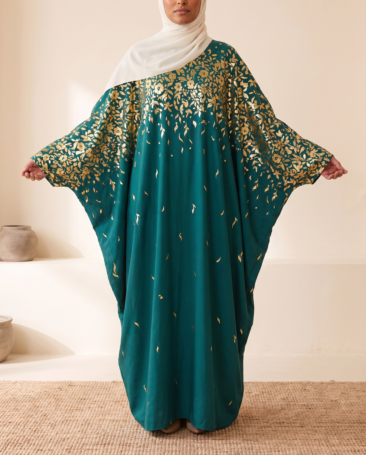 SITRĀ Batwing Sleeve Printed Maxi Abaya — Teal Gold Sparkle (model Amina)