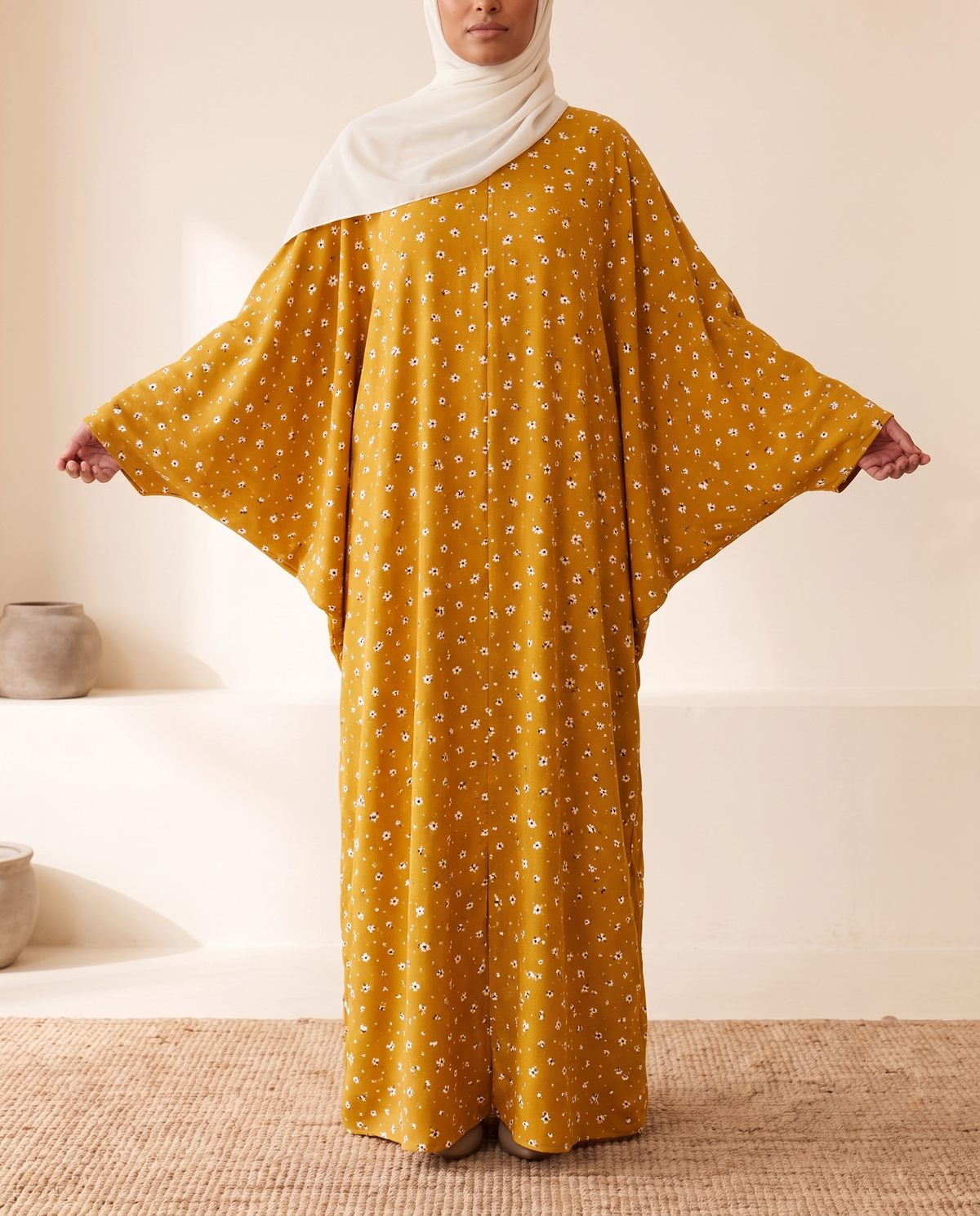 SITRĀ Batwing Sleeve Printed Maxi Abaya — Mustard Ditsy (model Amina)