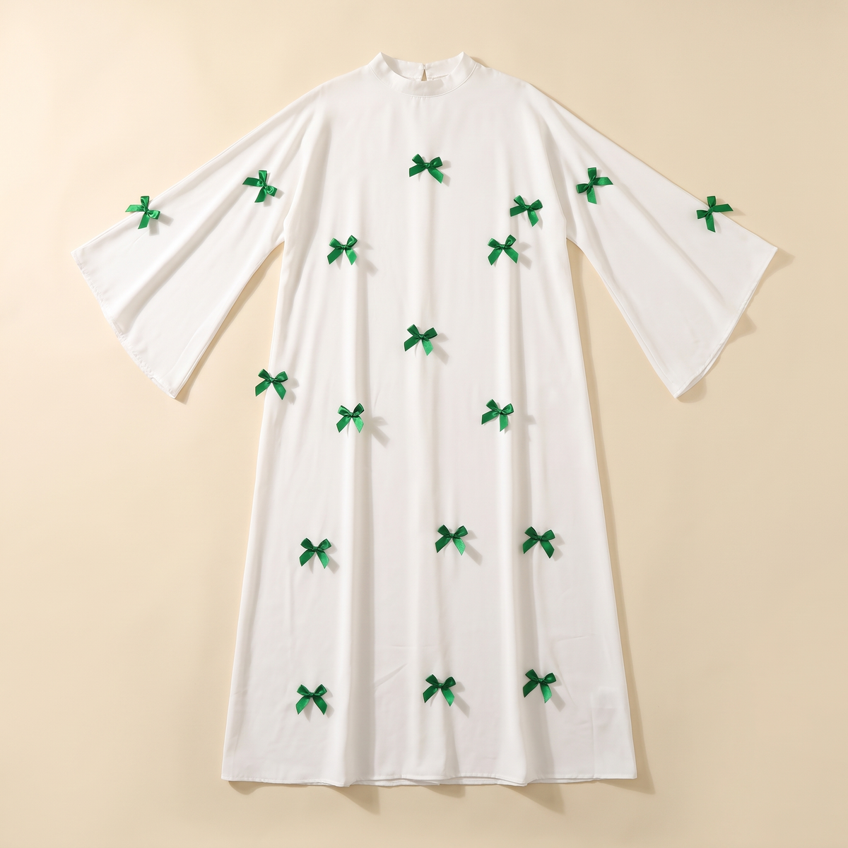 SITRĀ Bow-Detail Flared Sleeve Kaftan — Green Bow flat lay